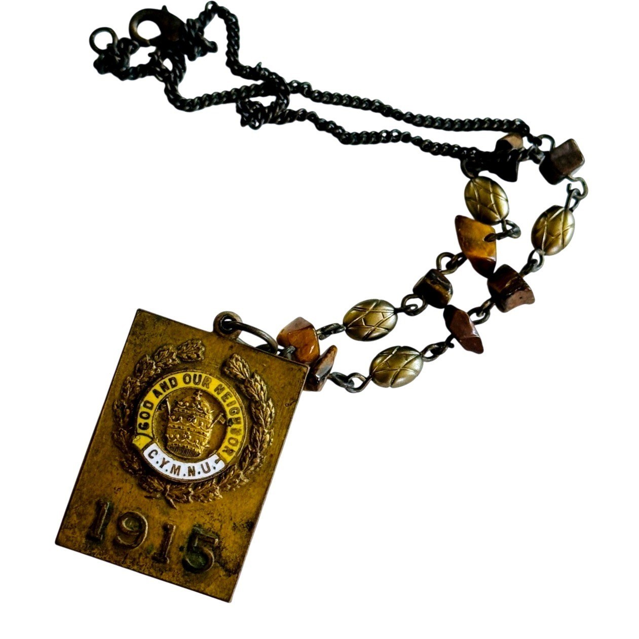 VTG God and our Neighbor C.Y.M.N.U 1915 medal necklace upcycled Steampunk 15″