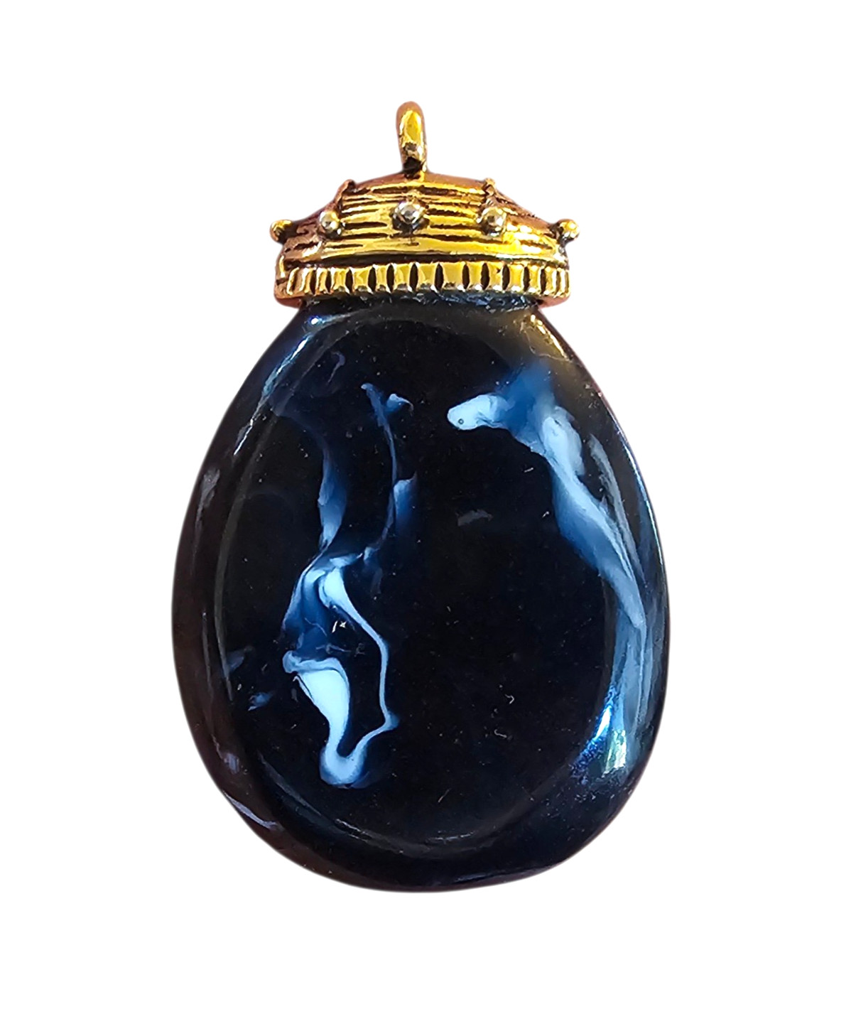 Vintage Dark Blue Marble Teardrop Shape Pendant w Brass Gold Cap 1″ X 1.5″