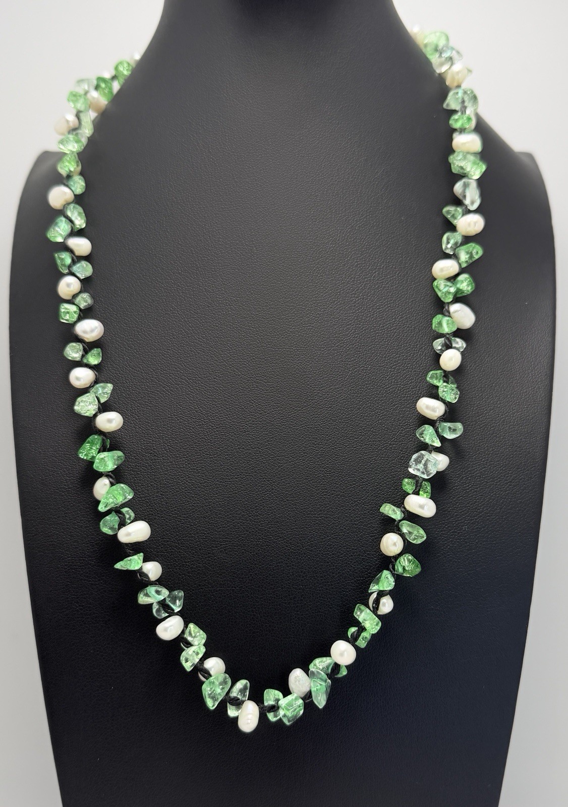 Boho Beach Pearl Green Glass Chip Necklace 23” Handmade Artisan Coastal Cluster
