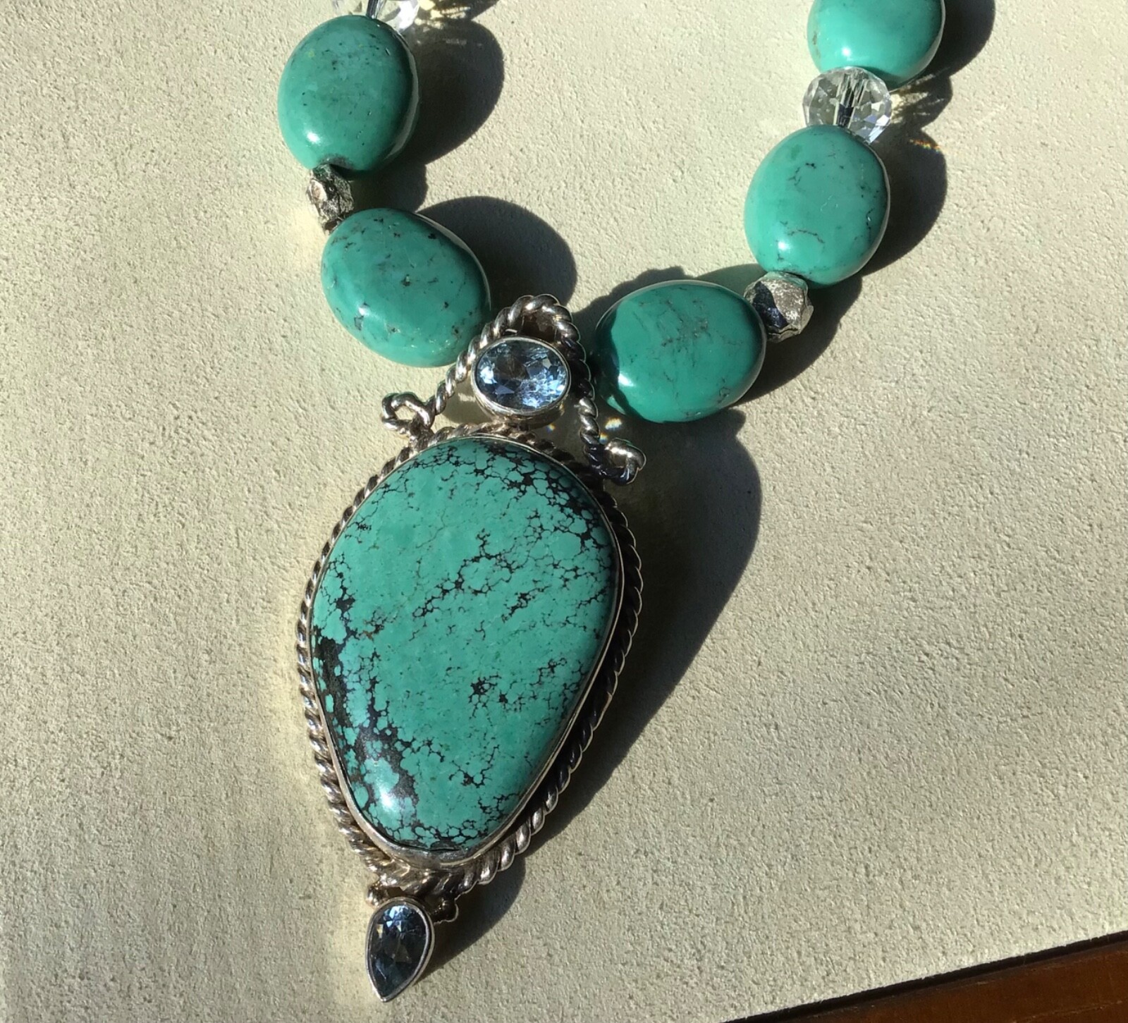 Arizona Handcrafted Turquoise Blue Topaz Gem Swarovski Sterling Pendant Necklace