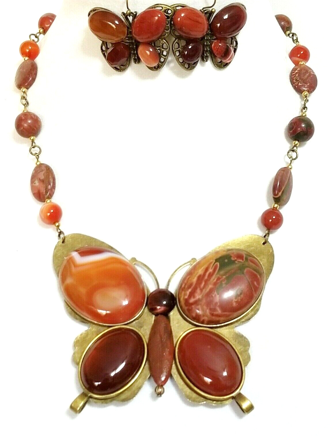 Big Red Agate Jasper Gemstone Butterfly Beads Necklace Earrings One of a Kind