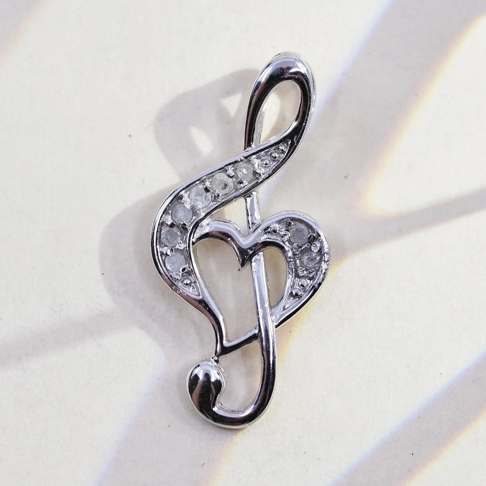 Vintage Sterling silver handmade pendant, 925 Music Note with cluster diamonds