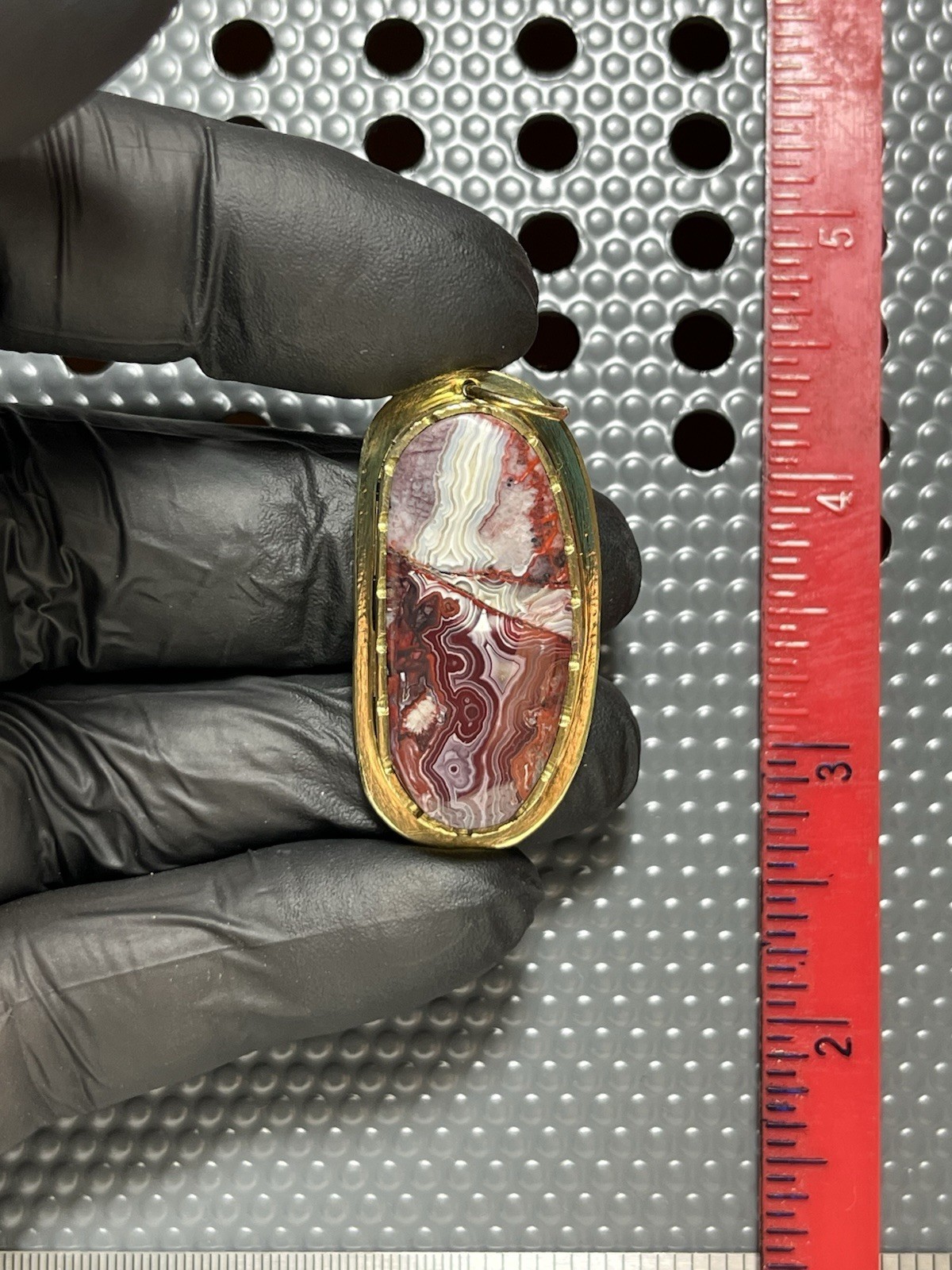 Purple Crazy Lace Agate (color Shift) In Banding Set In Brass Pendant Number 162