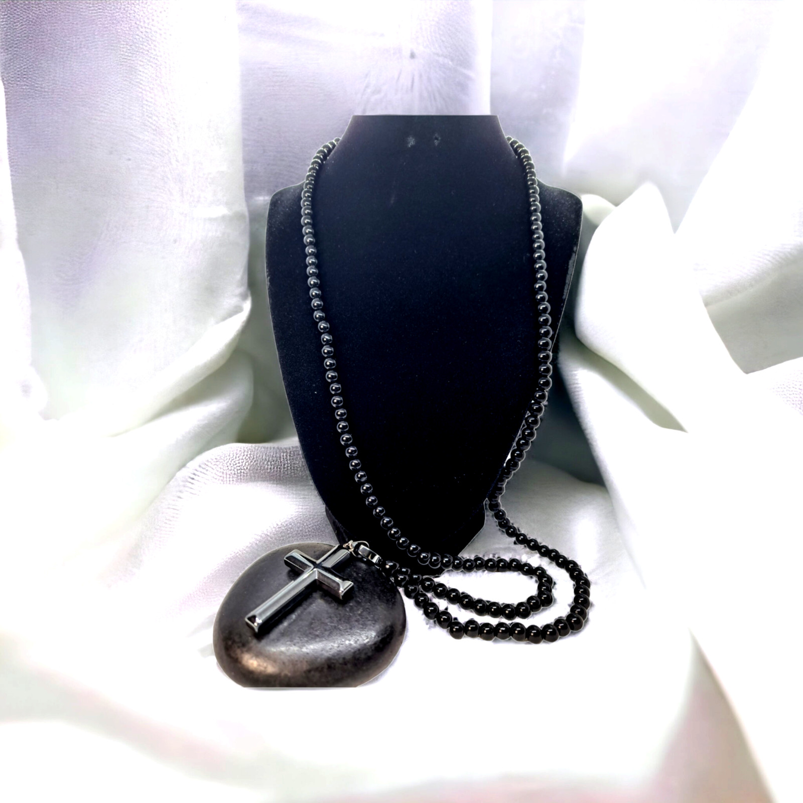 Black hematite cross long beaded necklace