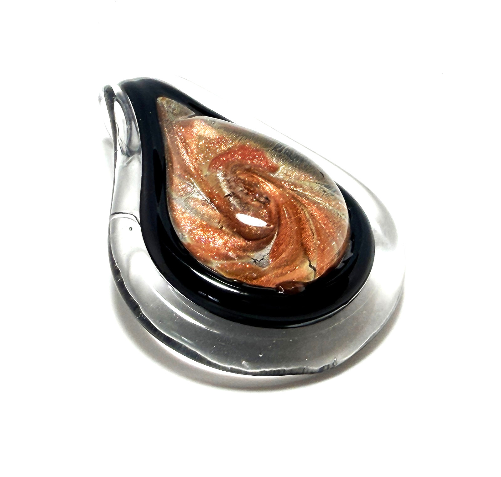 Murano Art Glass Teardrop Pendant Bronze, 18k Gold Metallic Swirl w Black, Clear