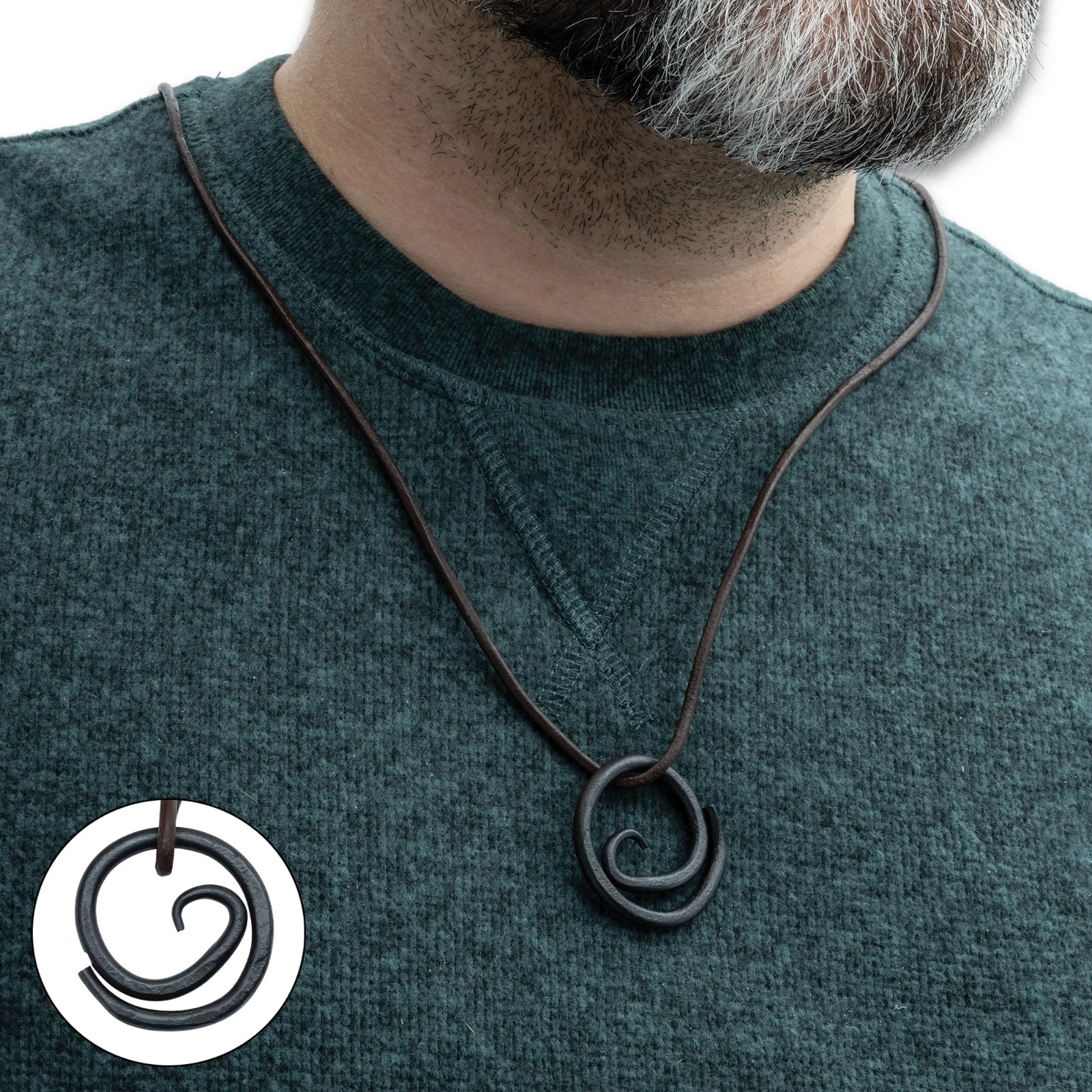Celtic Hand Forged Iron Spiral Necklace with 16.5″ Leather Thong, Free Shipping.