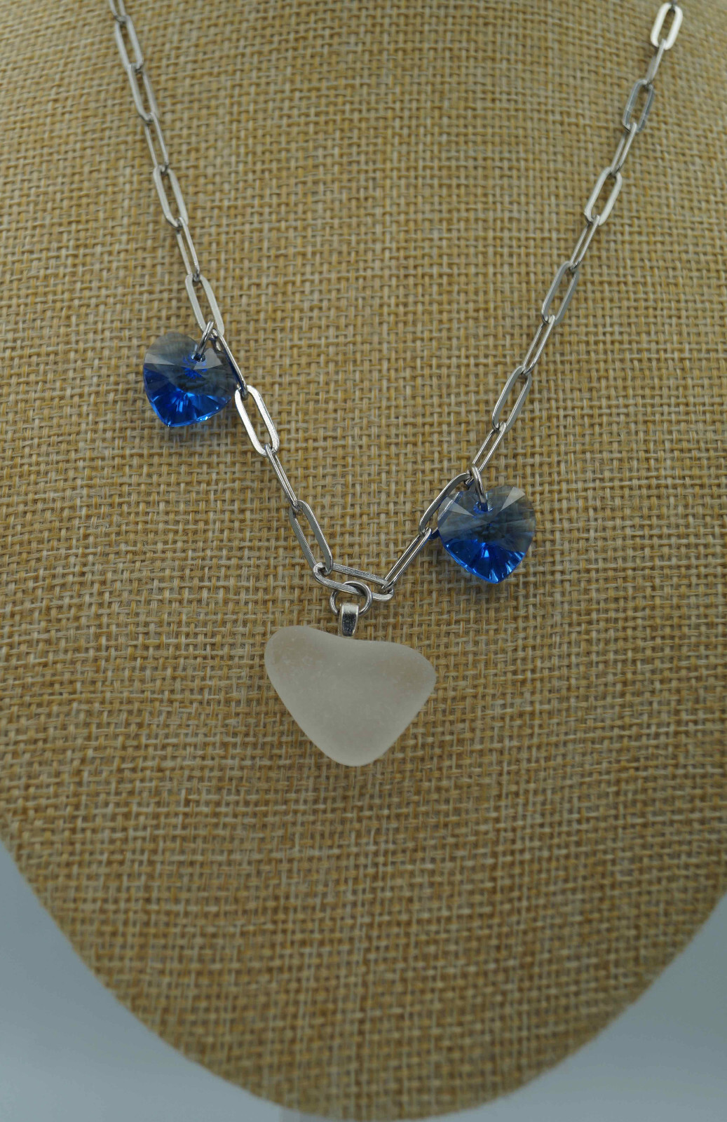 White Sea Glass Piece & Heart Charms on Paperclip Stainless Steel Chain (P#118)