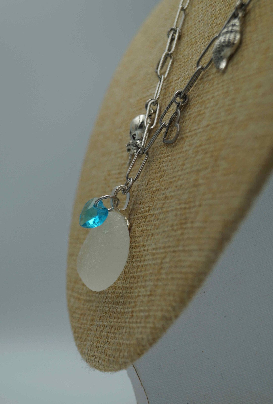 Sea Glass, Sea Charms & Heart Charms on Paperclip Stainless Steel Chain (P#126)