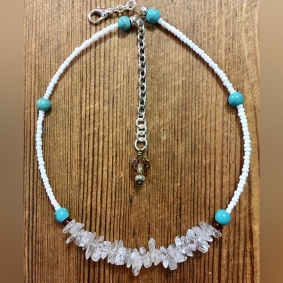 Crystal Nugget Beaded Ladies Necklace, White and Blue, Handmade Ladies Necklace