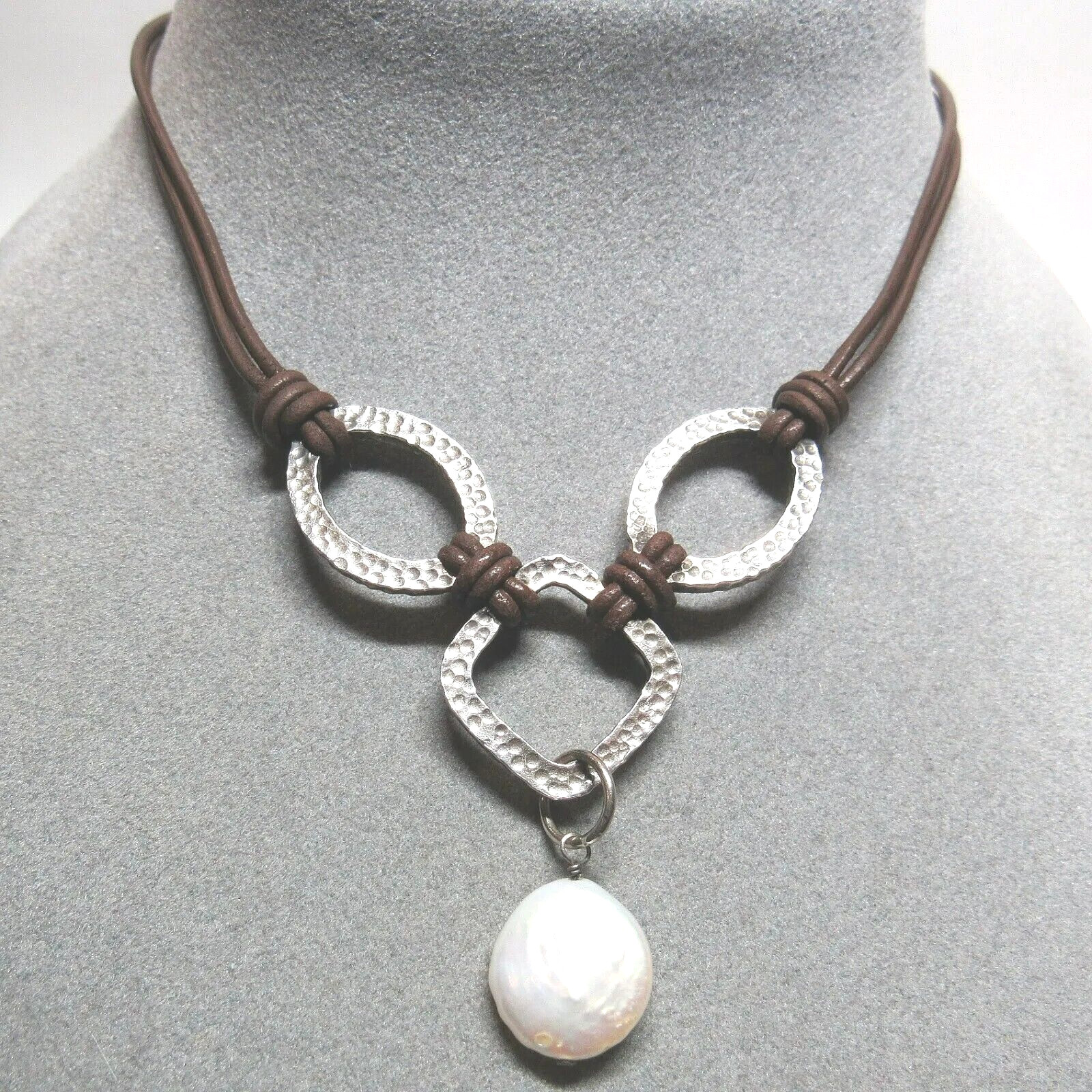 Silpada N1257 Solid 925 Sterling Silver 18″ Hammered Pearl Necklace Leather Cord
