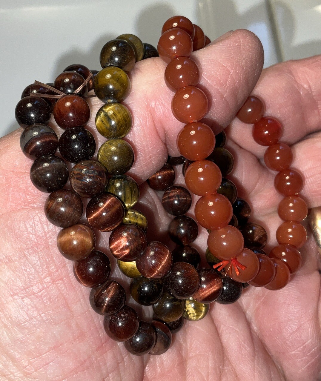 4 Gemstone Bracelets Agate Tiger Eye Carnelian And 70” Amber Necklace