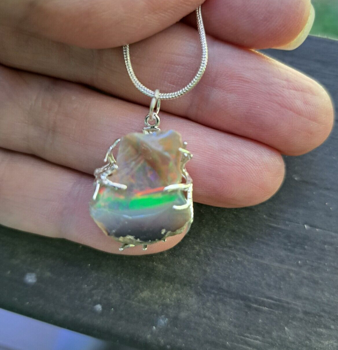 Unique Dark Ethiopian Welo Opal Rough Pendant Silver Plated Tree Branch Wrap