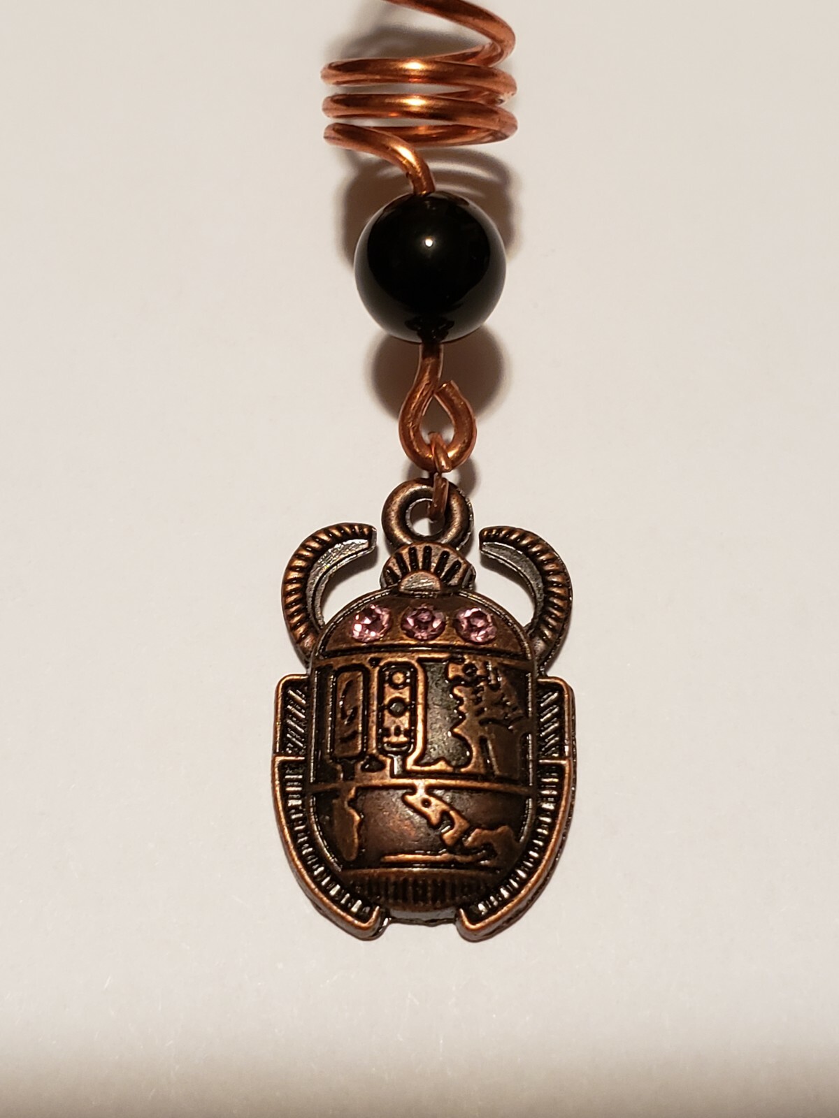 Egyptian Scarab Beetle with Black Agate Bead Hair Coil EMFs Protection