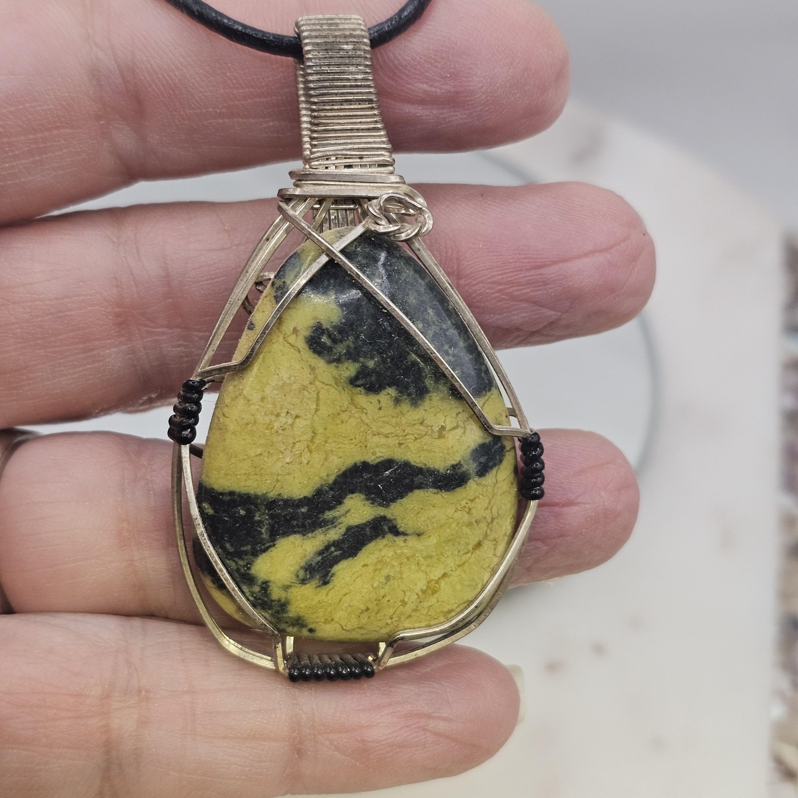 Handmade Yellow Serpentine Pendant Necklace Wire Wrapped Teardrop Leather Cord