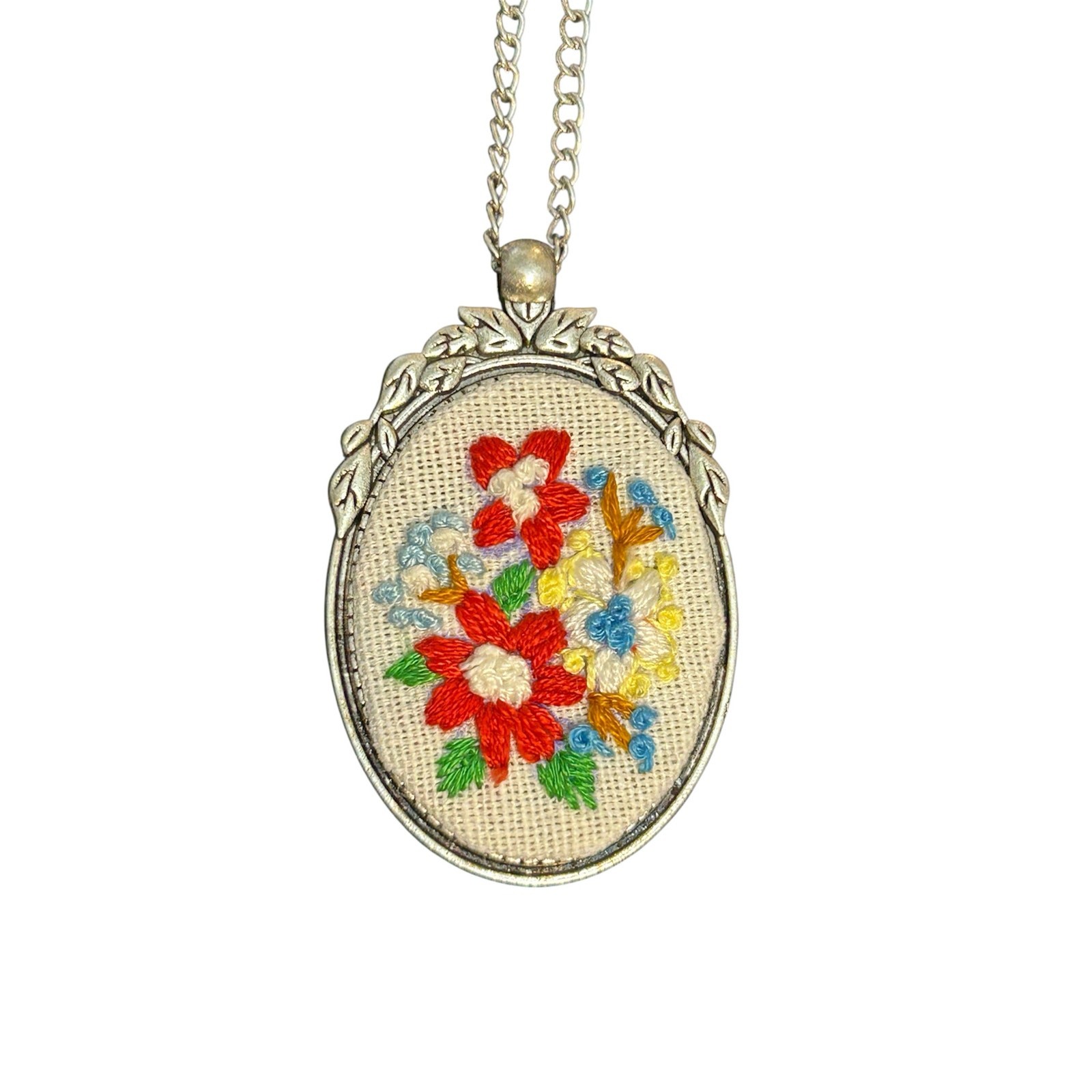 Patriotic Hand-stitched Floral Embroidery Pendant Necklace