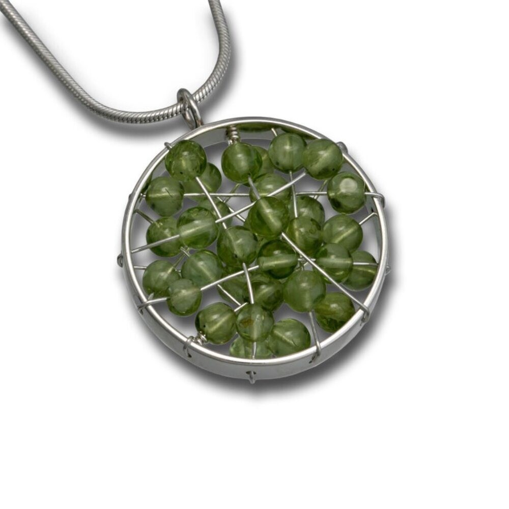 Handmade Green Peridot Beaded Wire Wrapped 925 Silver Circular Pendant Necklace