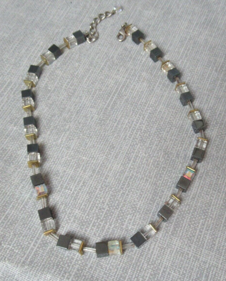 Cube Necklace – Crystal & Rhinestones – Black Gold Clear – 17″ long – c5 sbe
