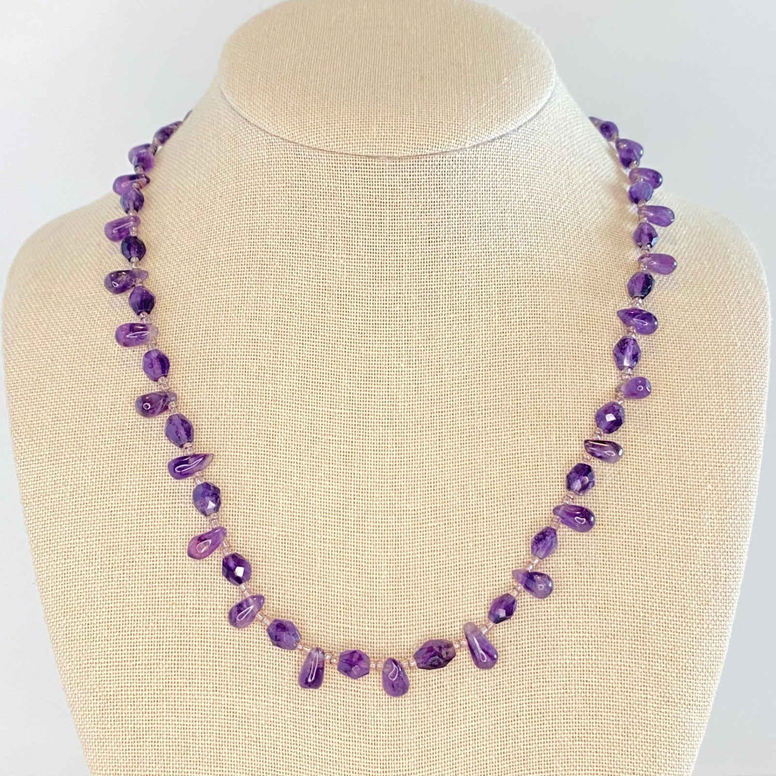 Natural Amethyst Beaded Necklace Purple Faceted Polished Teardrop 19 Inch