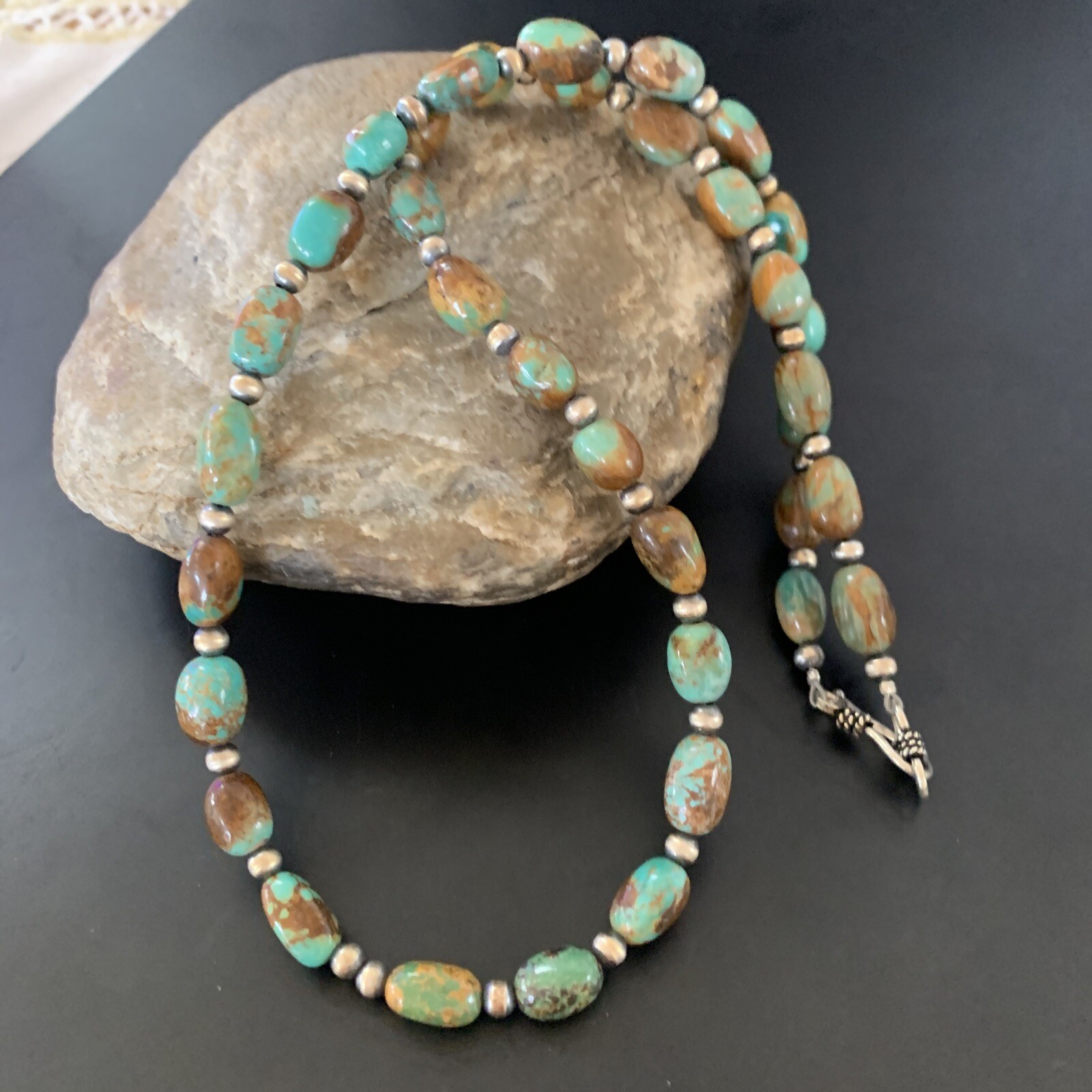 Green Royston Turquoise Bead Navajo Sterling Silver Beads Necklace 11465