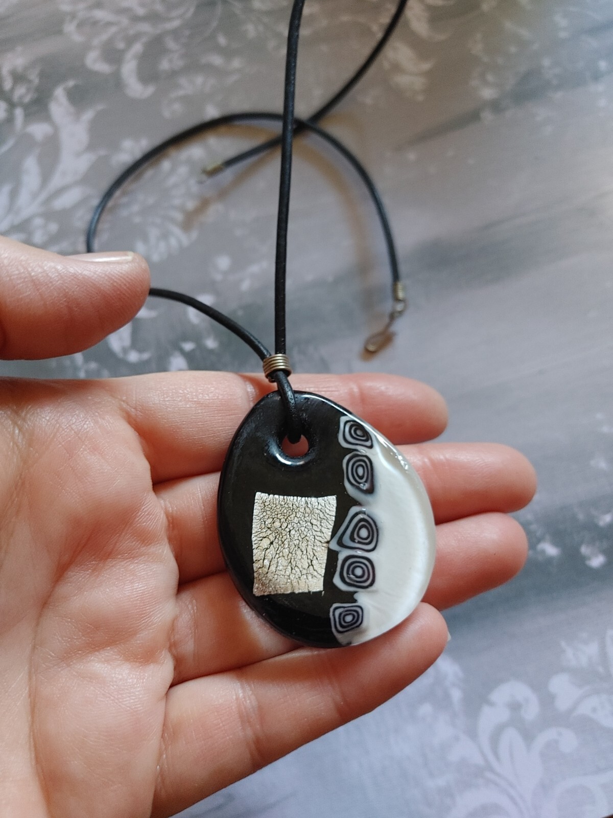 vintage necklace unused old-stock artisan handmade art glass leather cord black