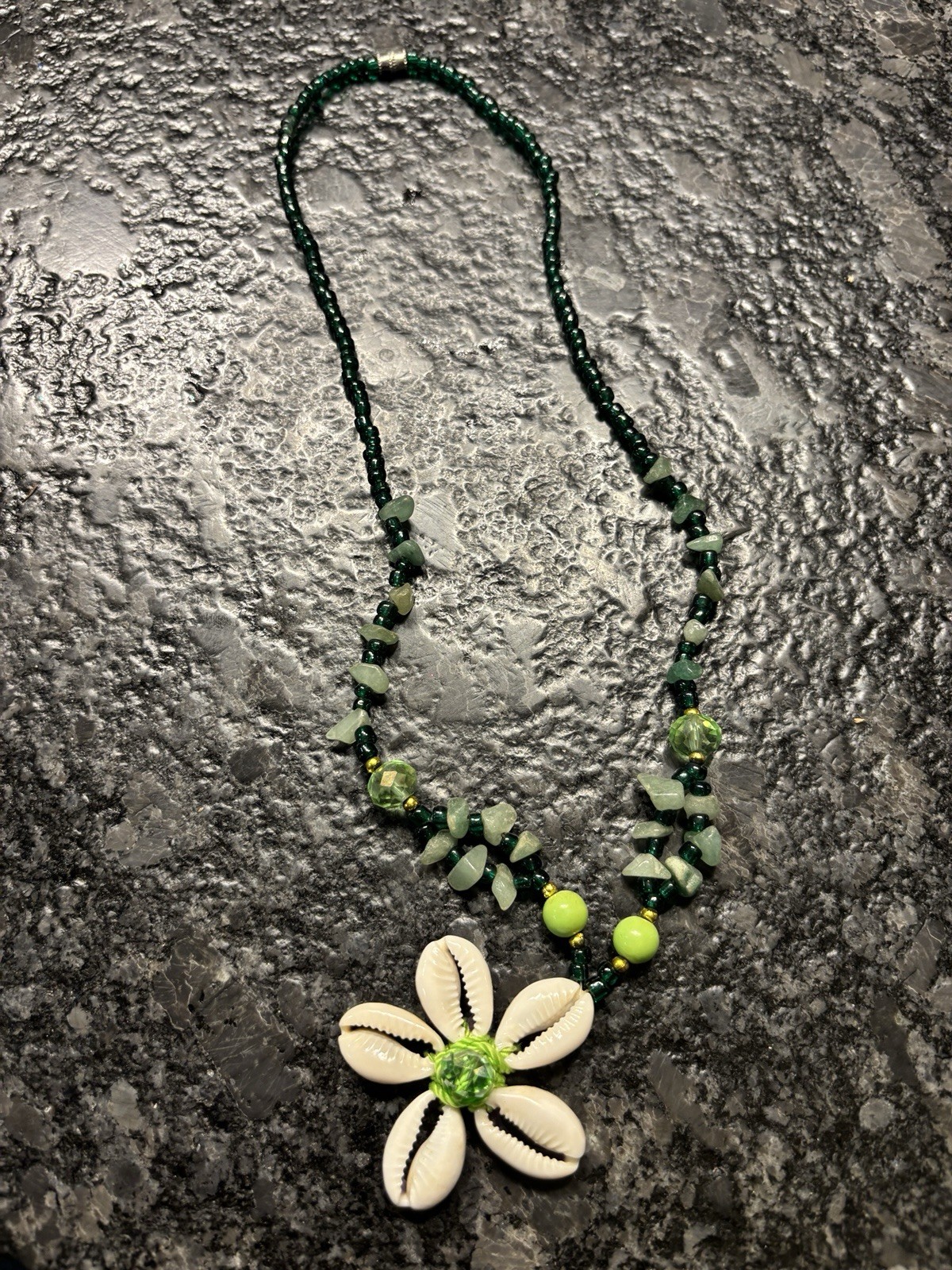 Handcrafted Cowrie Shell Flower Pendant Green Beaded Necklace for Women