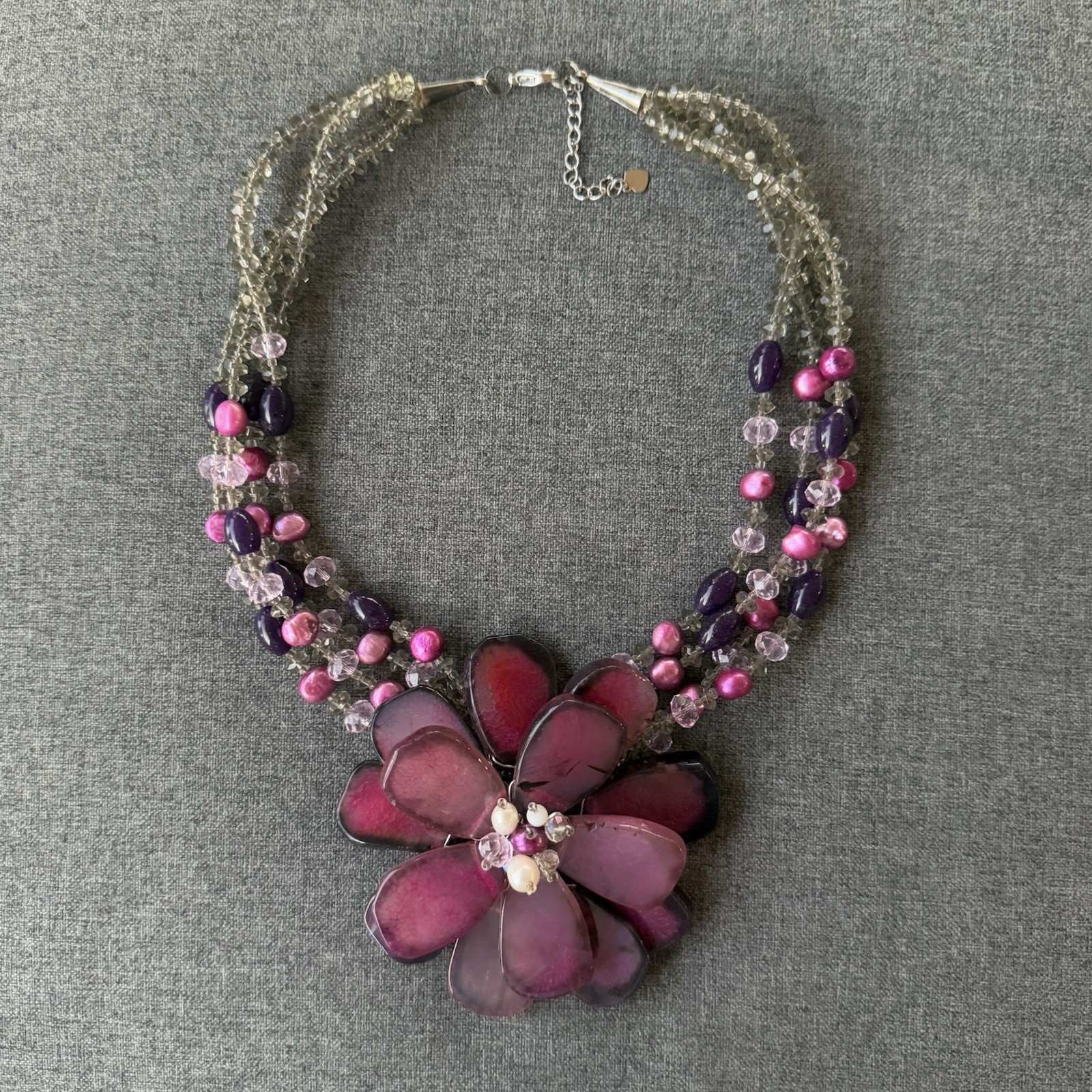 PANNEE genuine Stone Flower Necklace Made In Thailand Purple and Pink Beads