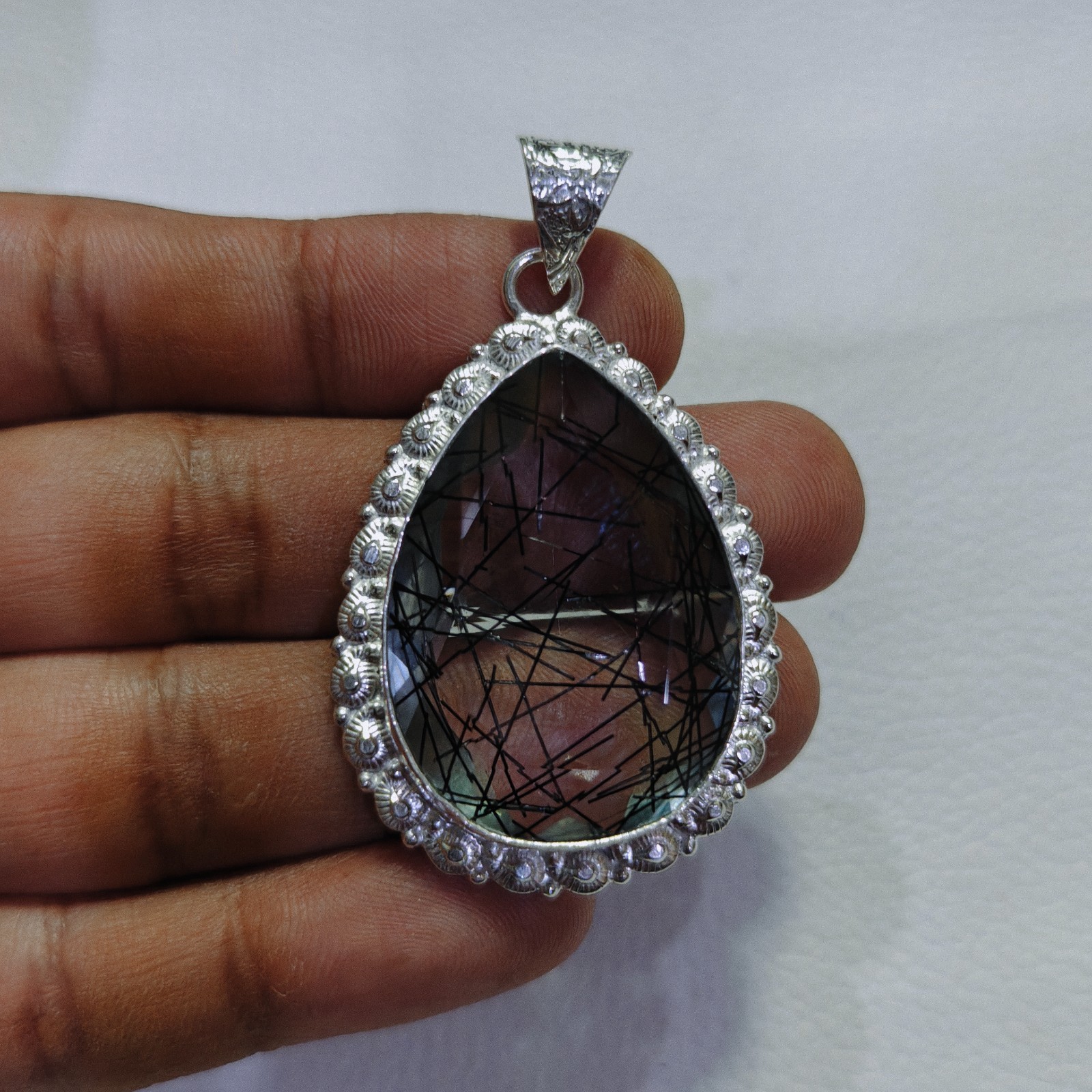 WOW Natural Rutilated Quartz Gemstone Pendant Sterling Silver Handmade Pendant