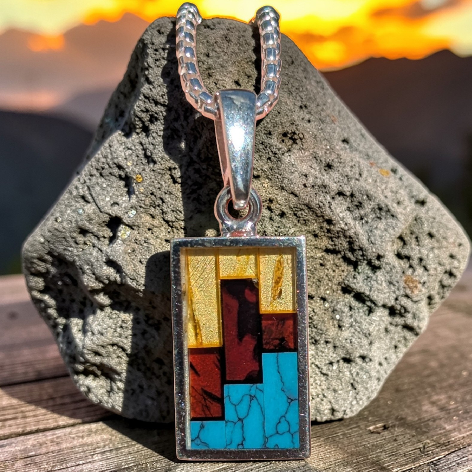 13.3g Baltic Amber Turquoise Mosaic Pendant Adj 16″-22″ Sterling Silver Necklace