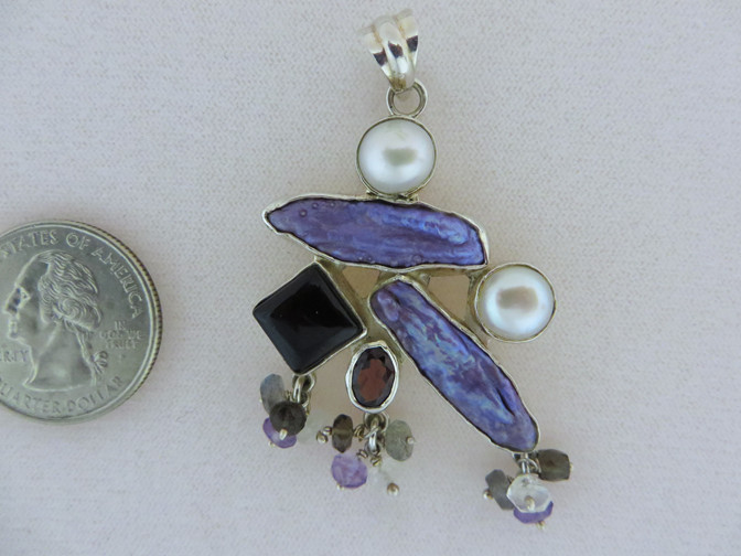 Artisan Pendant Sterling Fresh Water Pearls Onyx Garnet Quartz ++ Unusual Shape!
