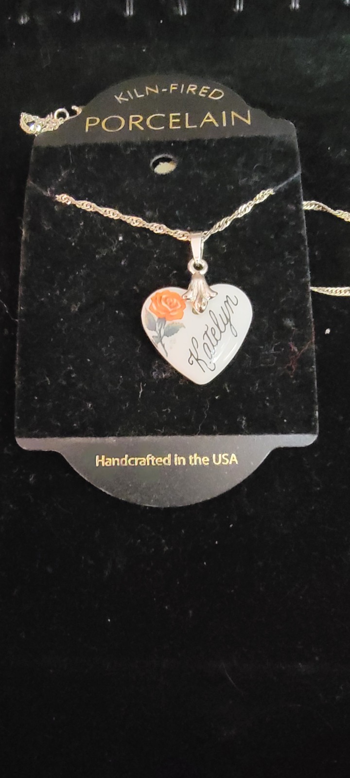 Katelyn Name Necklace Porcelain Heart Pendant Rose Handcrafted Gift Jewelry USA