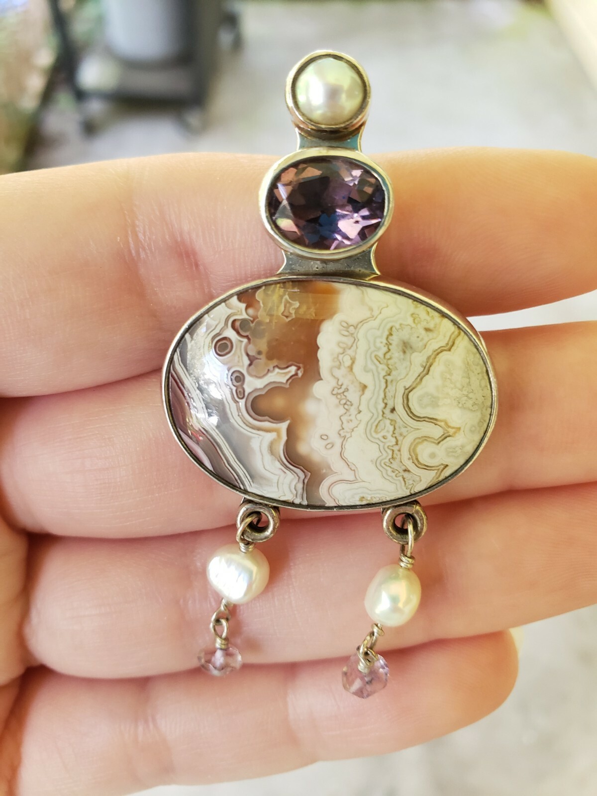 Echo of the Dreamer Amethyst, Agate, Pearl Pendant