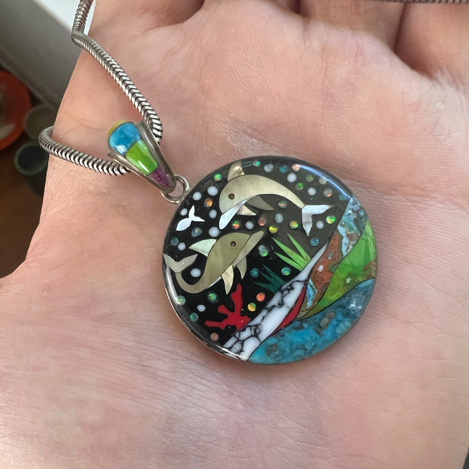 Dolphins Inlay Pendant Sterling Silver Necklace Handmade Inlaid Gemstone Art 925