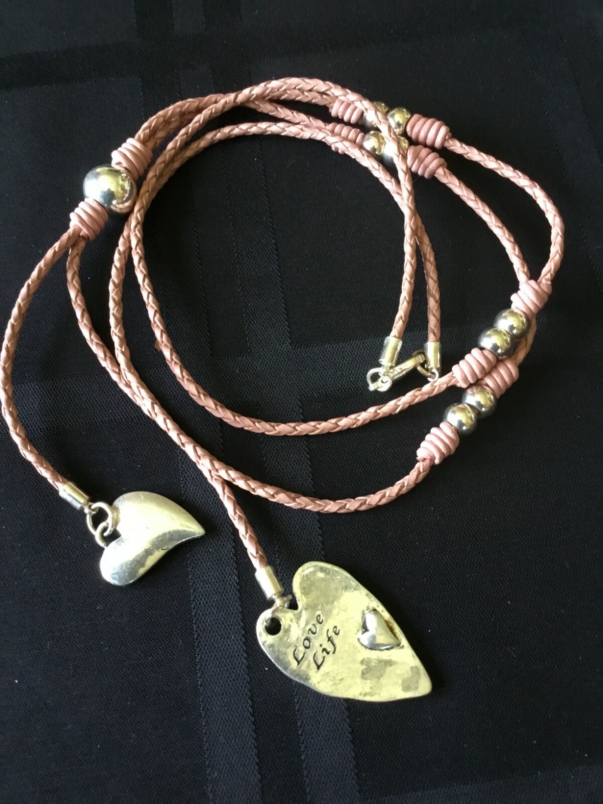 DiDDi Love Life Necklace Silver Tone Heart Pendants Mauve Tone Leather Cord