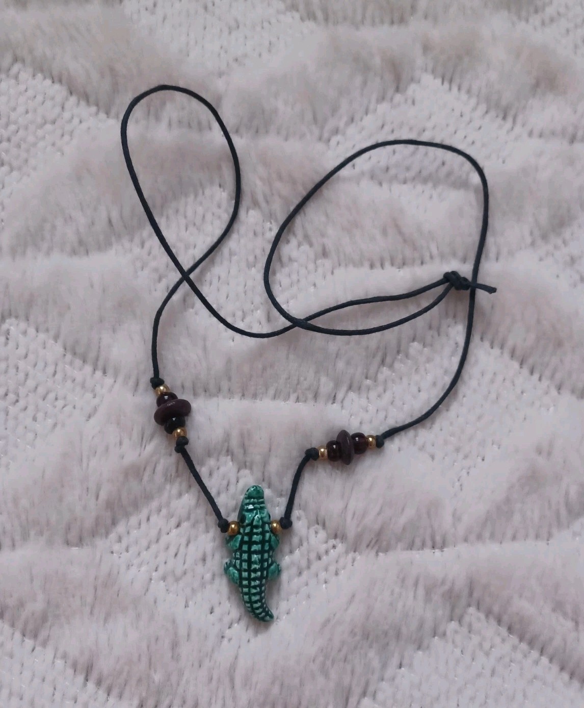 Vintage Ceramic Glazed Green Alligator Cord Necklace Unique Boho Handmade