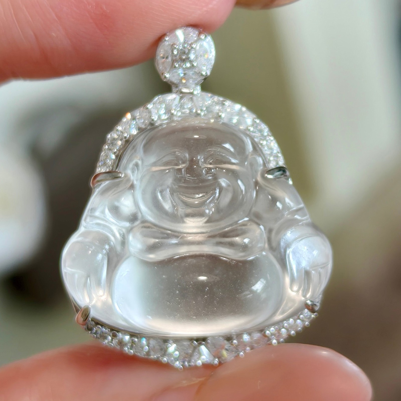 Natural White Jade Buddha Pendant 925 Silver Moissanite Handmade Necklace