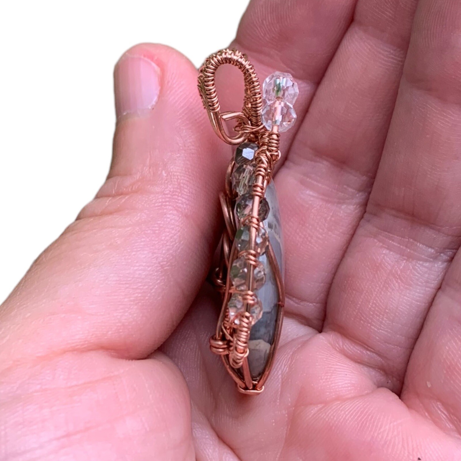 Picasso Jasper Copper Wire Wrap Pendant with Clear & Smoky Quartz Jewelry