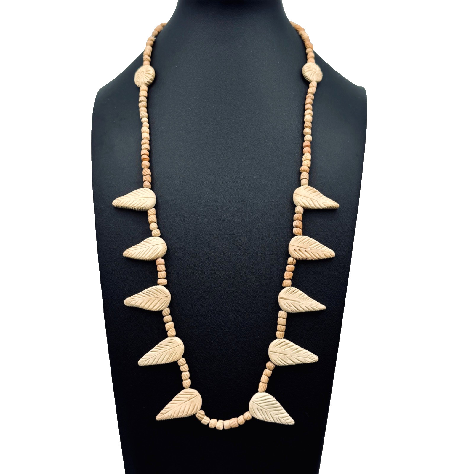 Handmade Clay Bead Necklace Station Leaves and Flower Artisan Boho Nature 20″