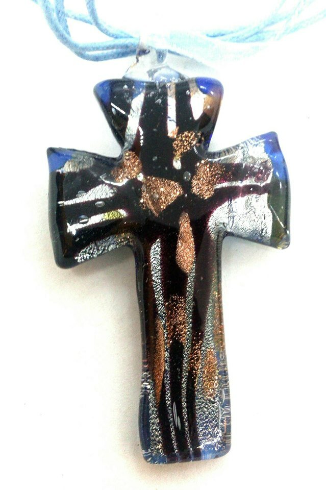 Gold and Silver Foil Blown Glass Cross Necklace on Ribbon and Lacing