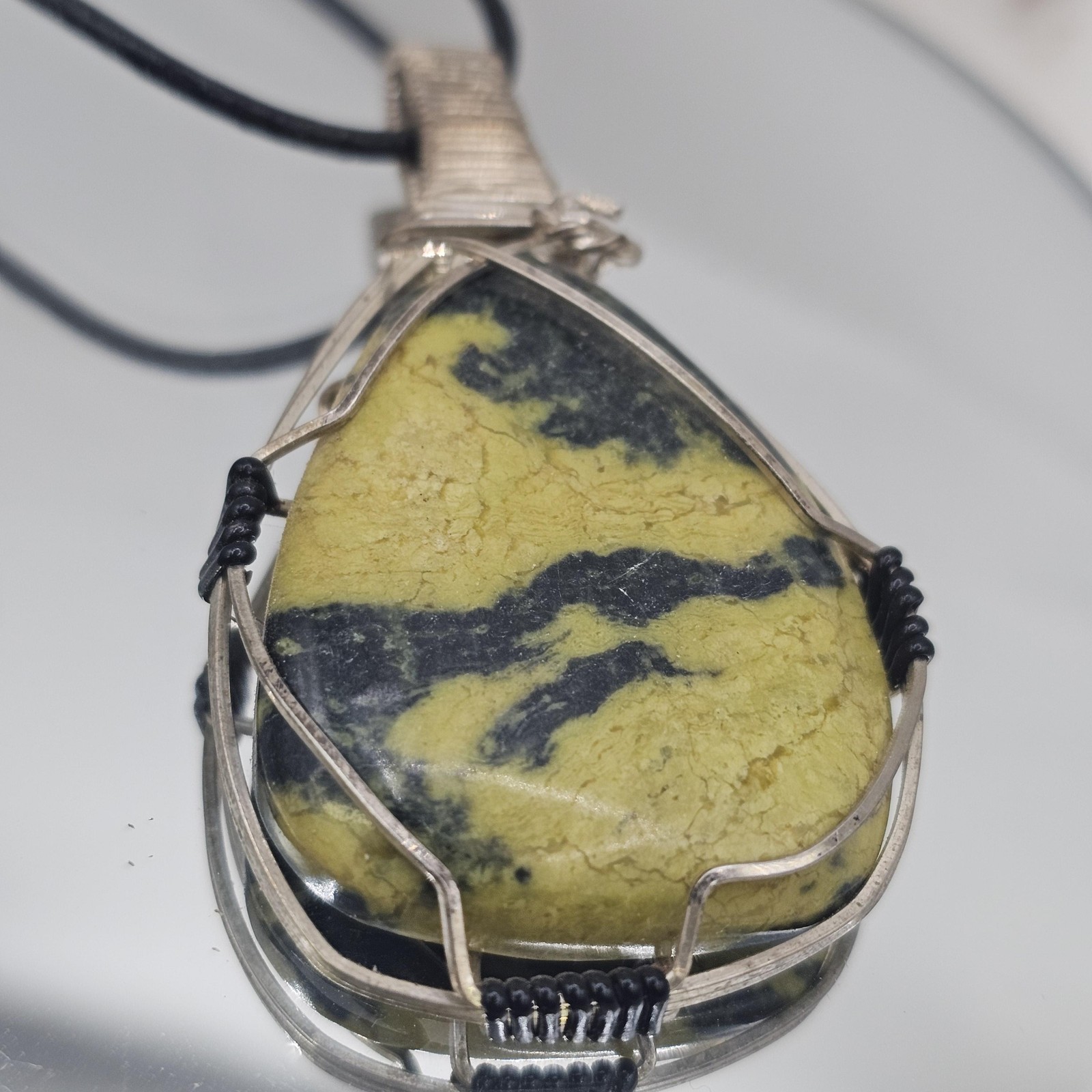Handmade Yellow Serpentine Pendant Necklace Wire Wrapped Teardrop Leather Cord