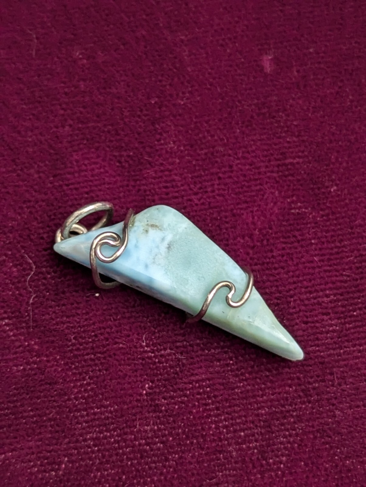 Free form Larimar sterling silver wire wrapped pendant. 1.25 in long. New