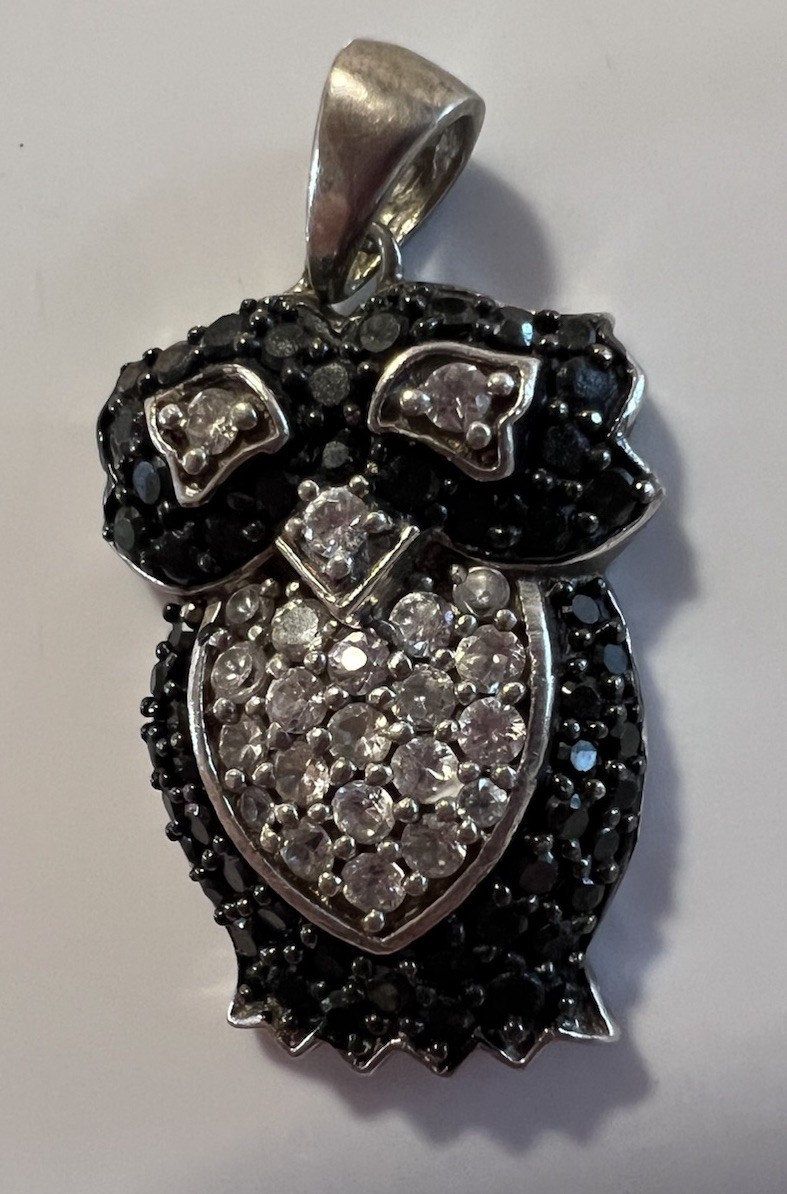 .925 Sterling Silver And Black And Clear CZ Crystal Owl Charm Pendant