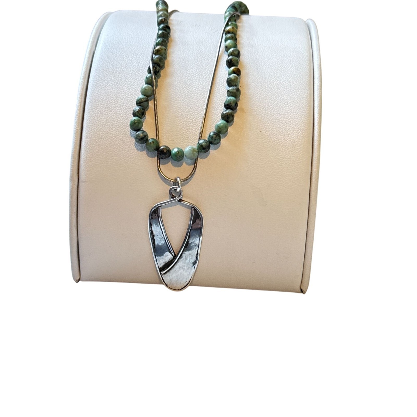 Sterling Silver Abstract Pendant Necklace Green Gemstone Beads 18 Inch Artisan J