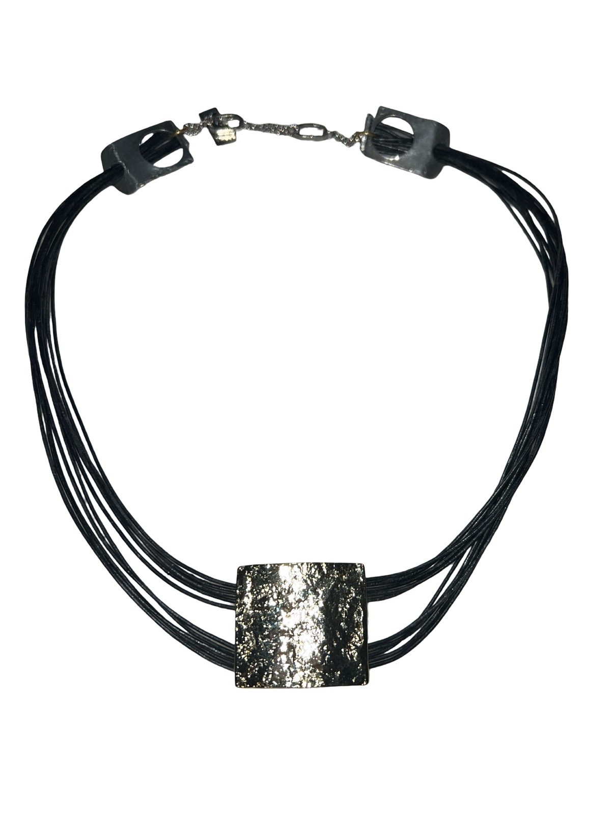 ANNE MARIE CHAGNON Modernist Pewter , Metal And Leather Necklace 18”