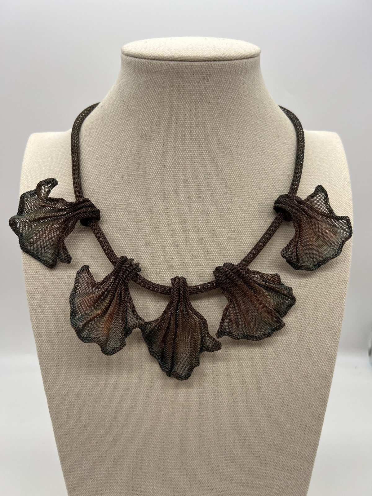 Artisan Mesh Metal Leaf Statement Necklace, Adjustable 15-17.5″, Bronze Copper