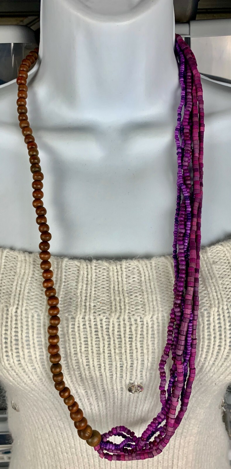 Costume Fashion Jewelry Necklace 36 in brown & Purple wood bead Fall Autumn