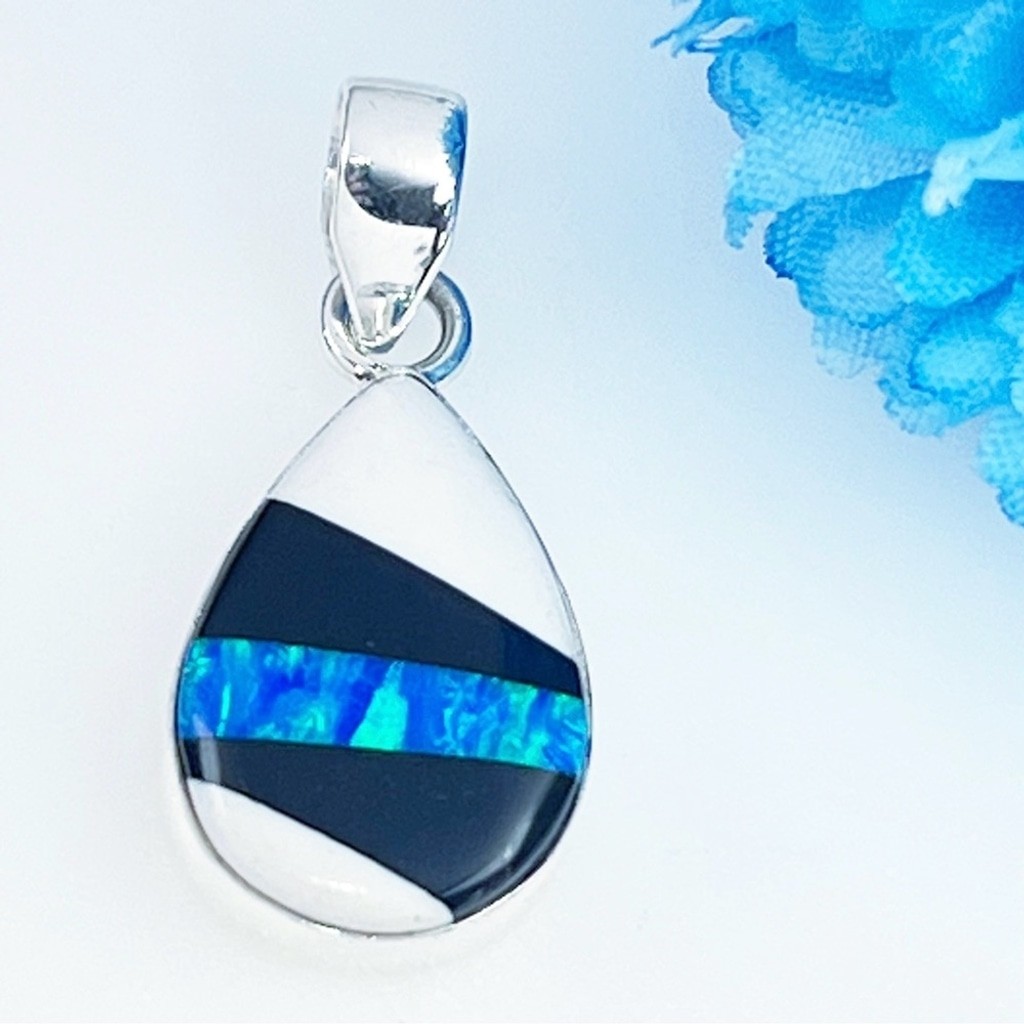 Pure Sterling Silver 925 Blue Fire Opal Pendant Shell Onyx Inlay Stripe New