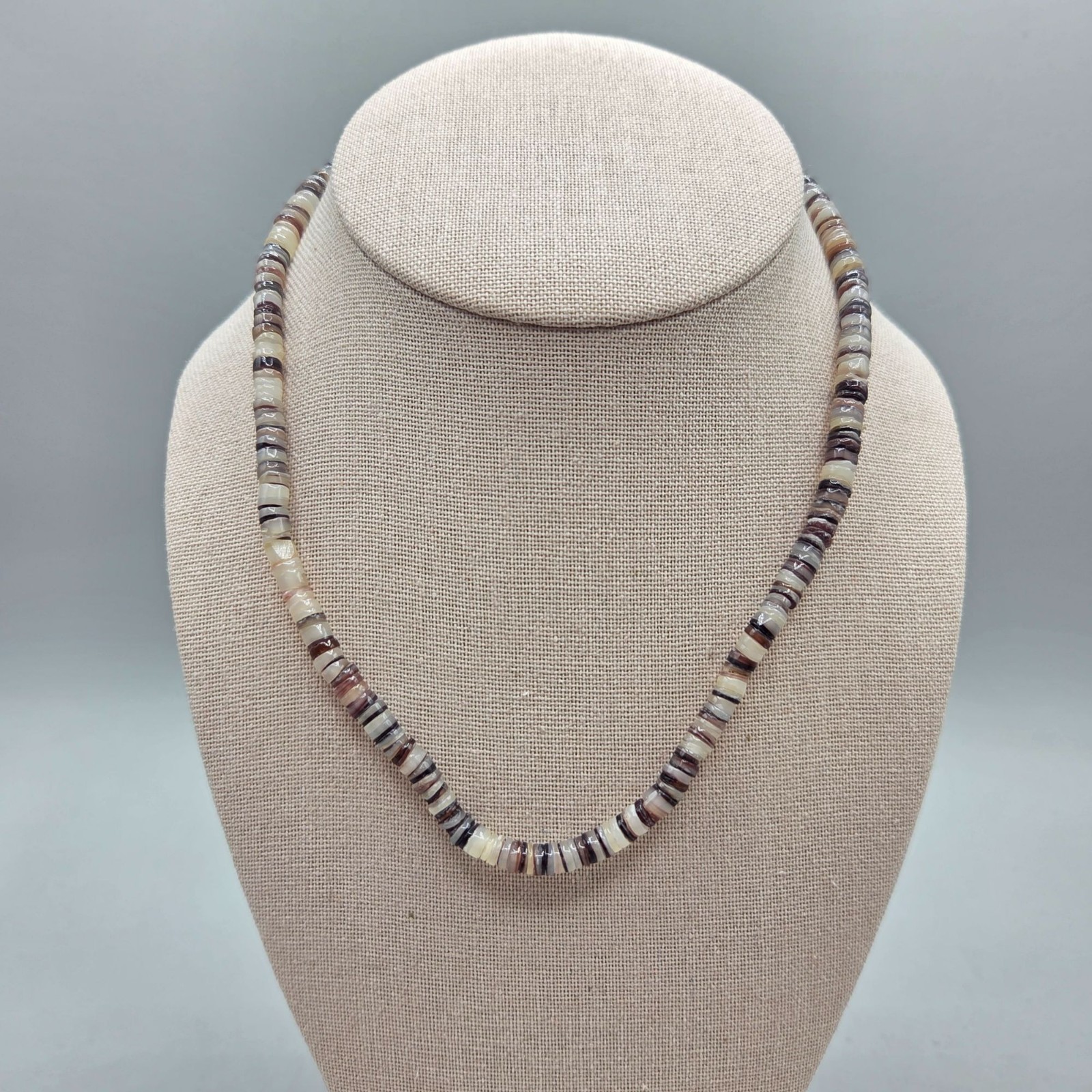 Tahitian Oyster Shell Heishi Bead Necklace Lobster Clasp 18 Inch Beach Boho