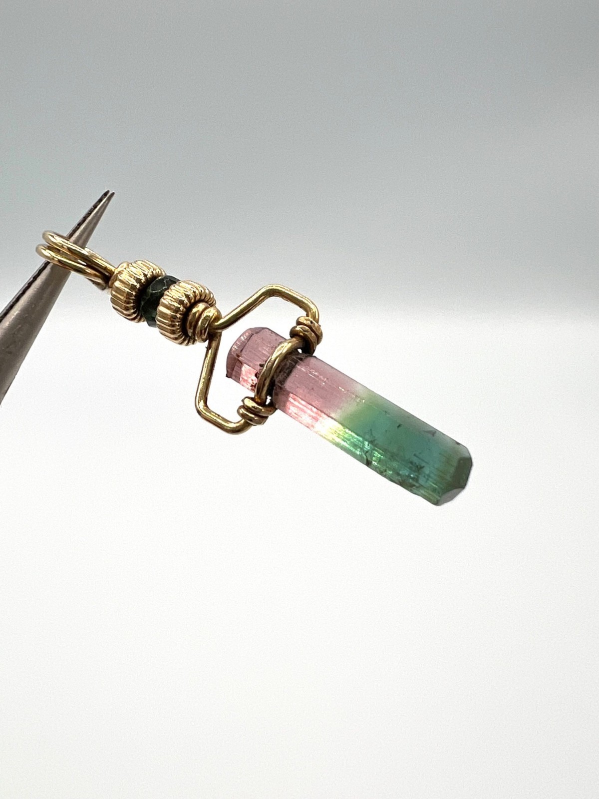 Watermelon Tourmaline Pendant Raw Crystal Gold Tone Wire Wrapped Artisan