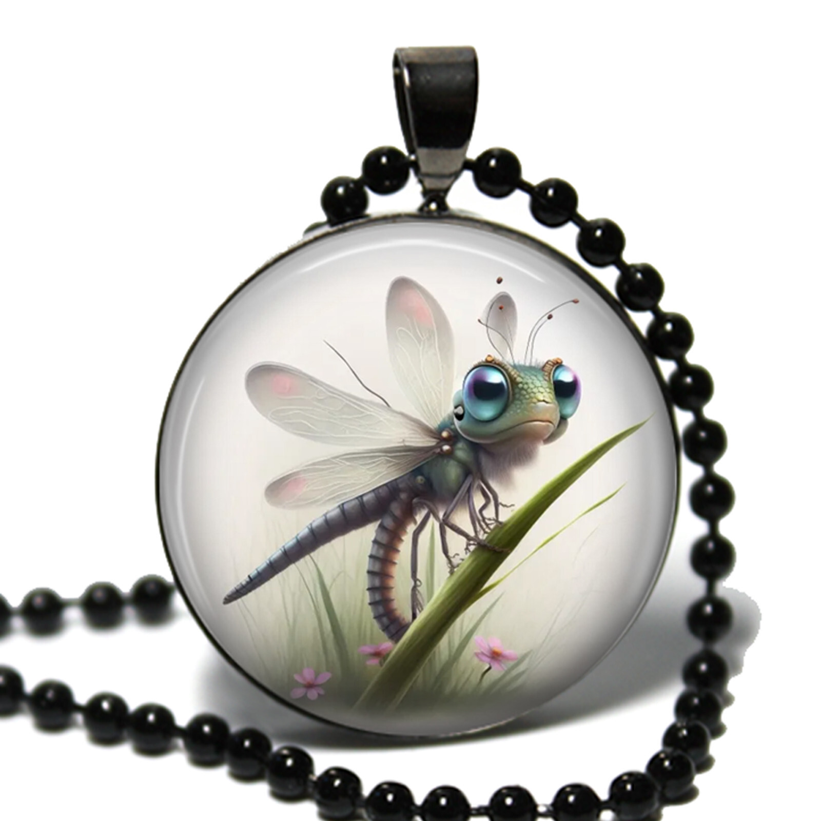 Dragonfly Glass Top Pendant Necklace with Chain Handcrafted Photo Jewelry