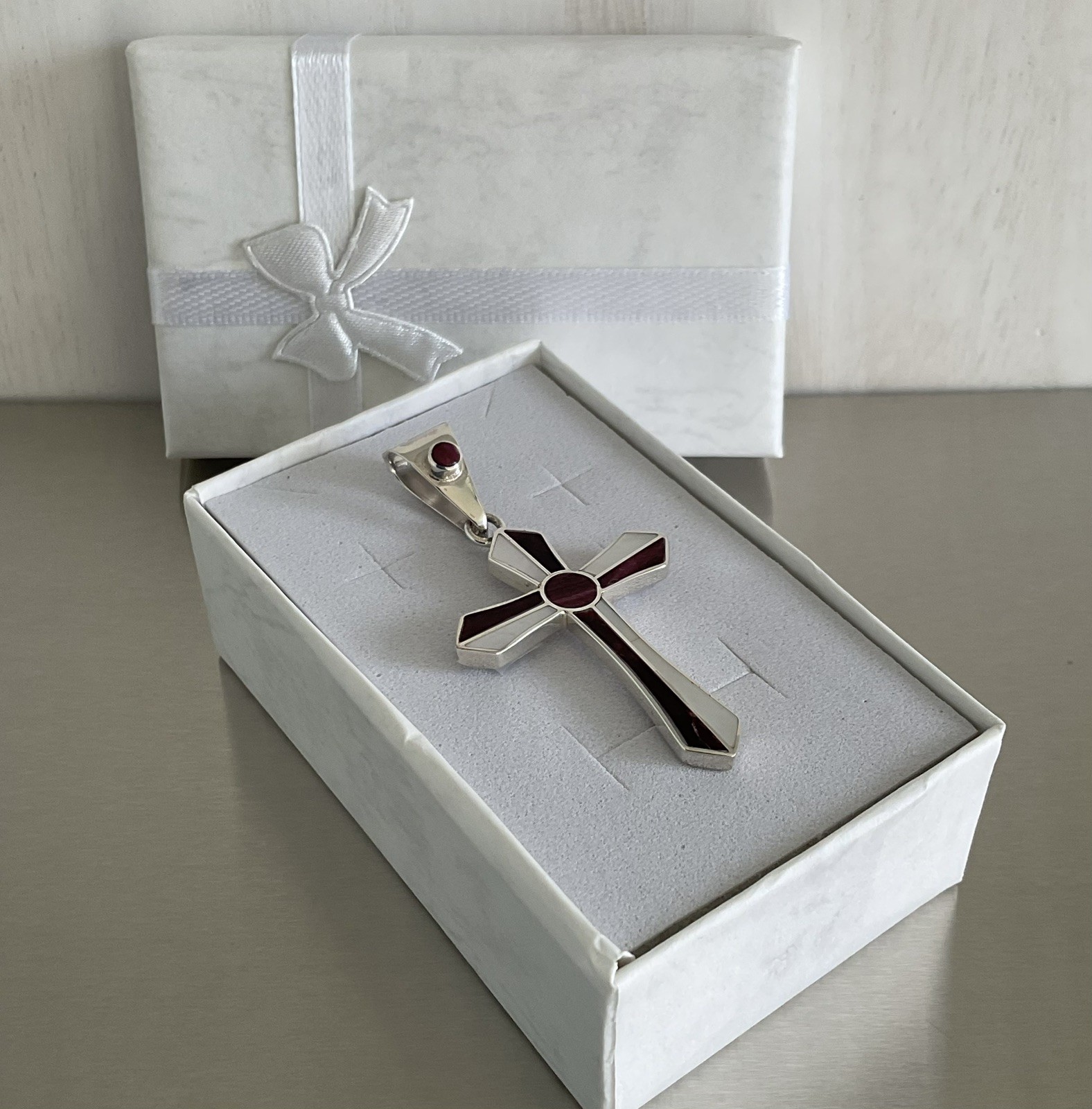 Peruvian Cross Pendant Mother of Pearl, Purple Spiny Oyster Shell, 925 Silver
